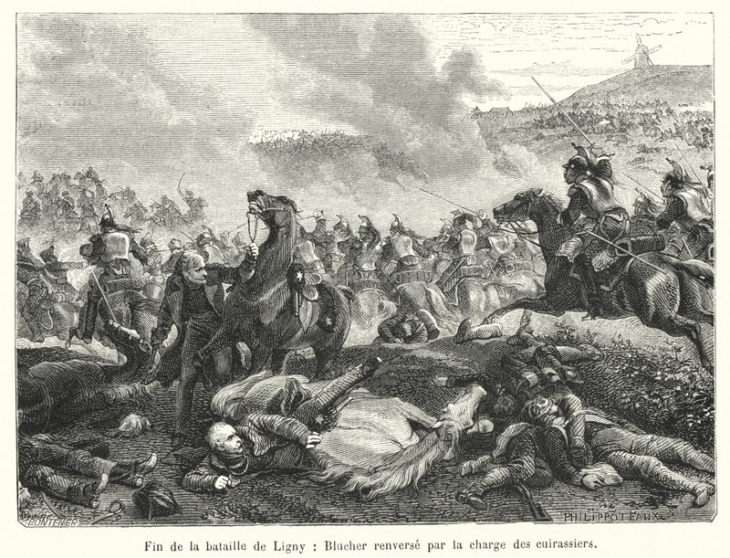 Ende der Schlacht von Ligny, Blücher wird von der Kürassierladung umgeworfen (Gravur) von French School