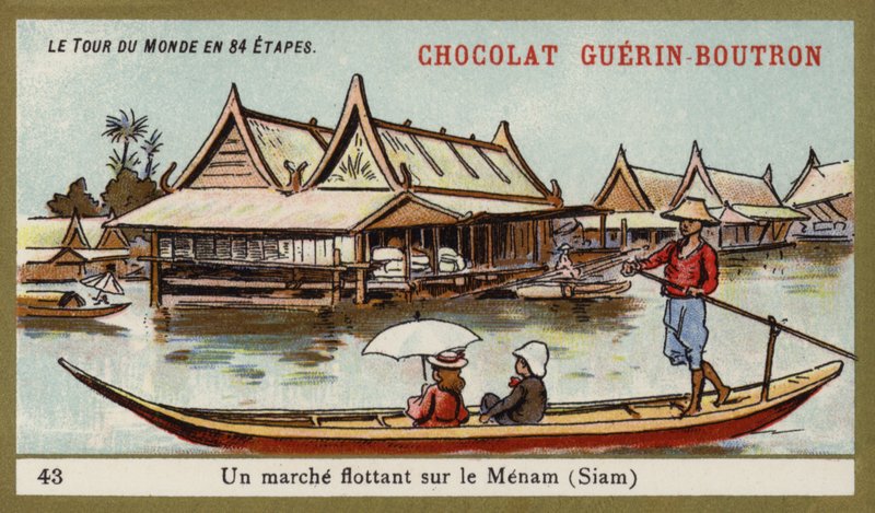 Schwimmender Markt am Fluss Menam, Siam (Chromolithografie) von French School