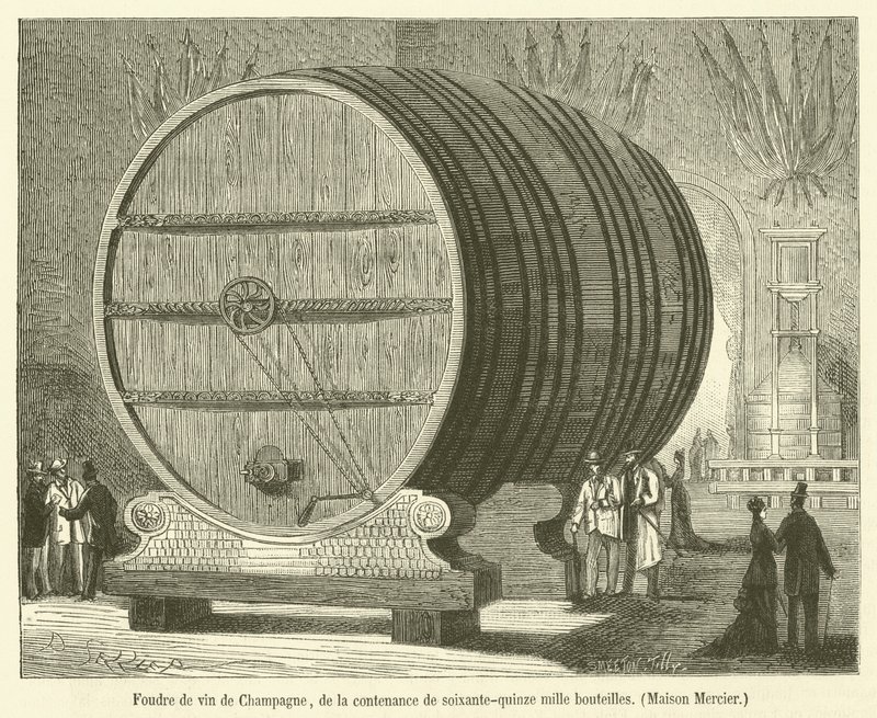 Champagnerfass mit einem Fassungsvermögen von fünfundsiebzigtausend Flaschen, Maison Mercier (Stich) von French School