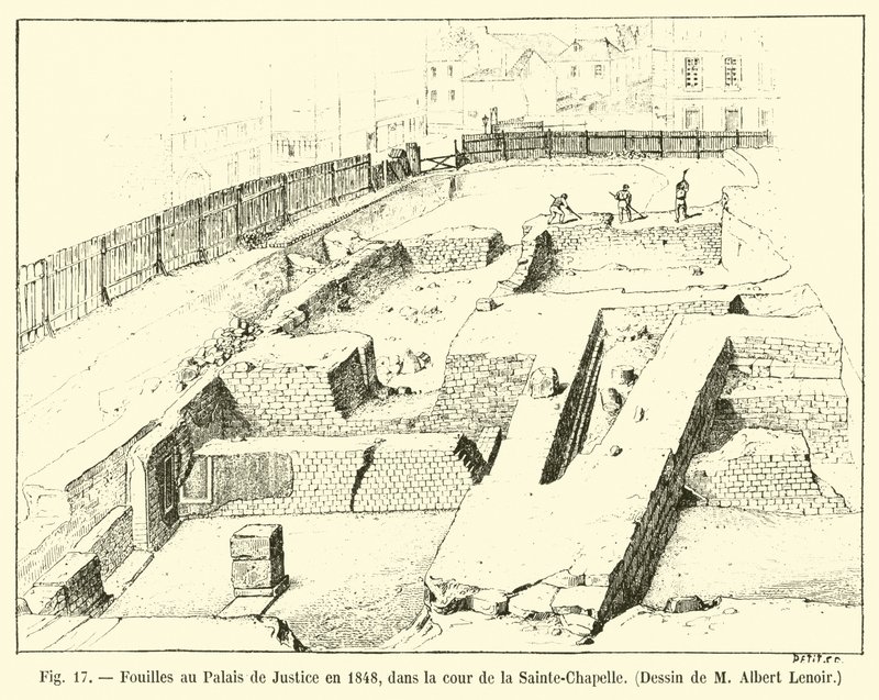 Ausgrabungen im Justizpalast 1848, im Hof der Sainte-Chapelle von French School