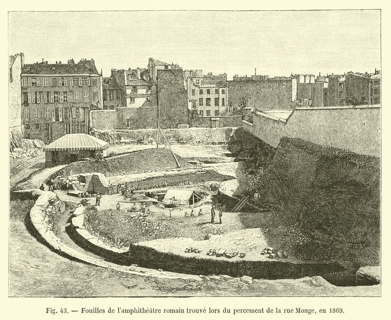 Ausgrabungen des römischen Amphitheaters gefunden beim Durchbruch der Rue Monge, 1869 von French School