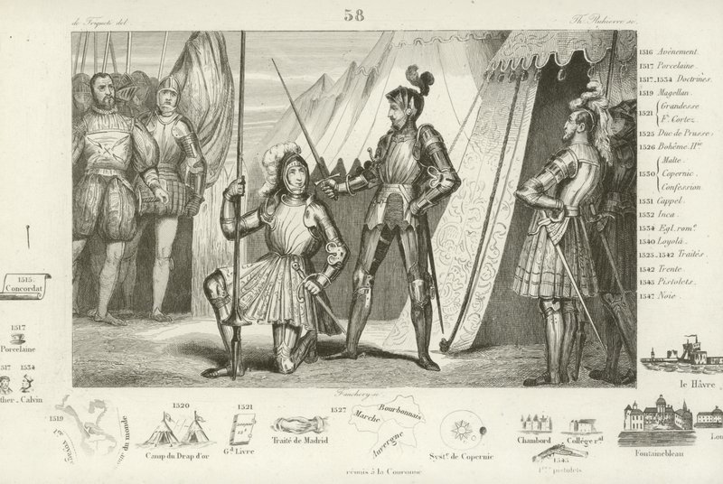 Franz I. von Frankreich bittet den Chevalier Bayard, ihn nach dem Sieg in der Schlacht von Marignano, Italien, 1515 zum Ritter zu schlagen von French School