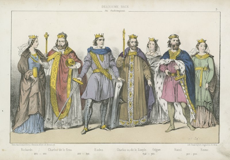 Fränkische Könige und Königinnen der Karolingischen Dynastie von French School