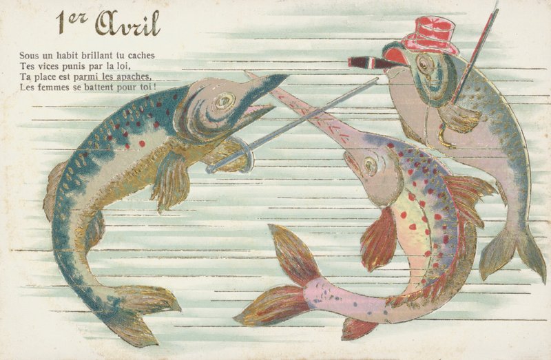 Französische Karte mit Fischen zum Aprilscherz (Poisson d