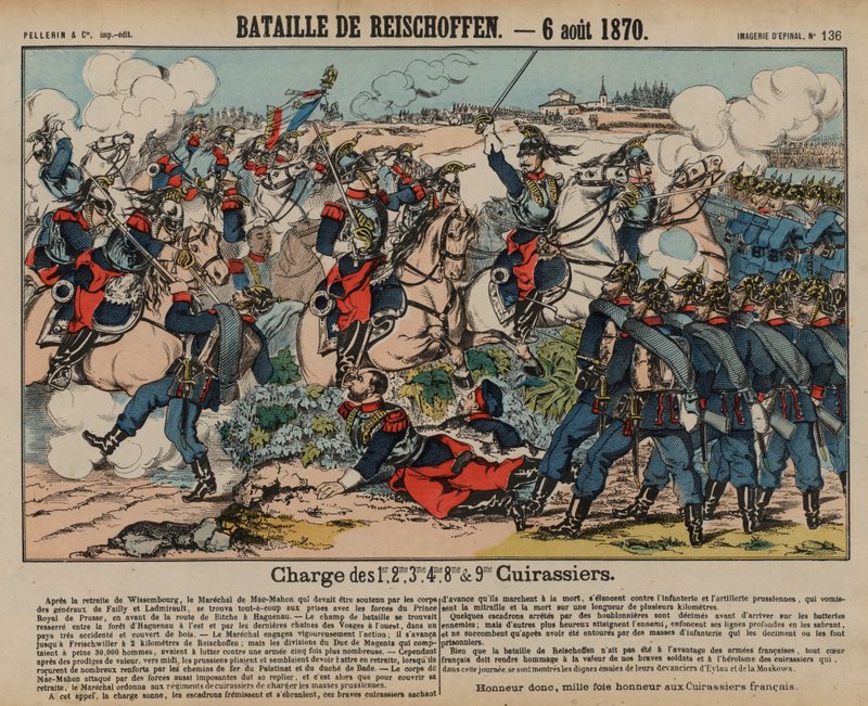 Französische Kürassiere greifen preußische Infanterie in der Schlacht von Reichshoffen an, Deutsch-Französischer Krieg, 6. August 1870 von French School