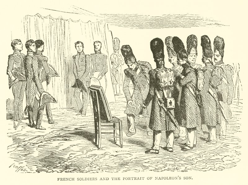 Französische Soldaten und das Porträt von Napoleons Sohn (Stich) von French School