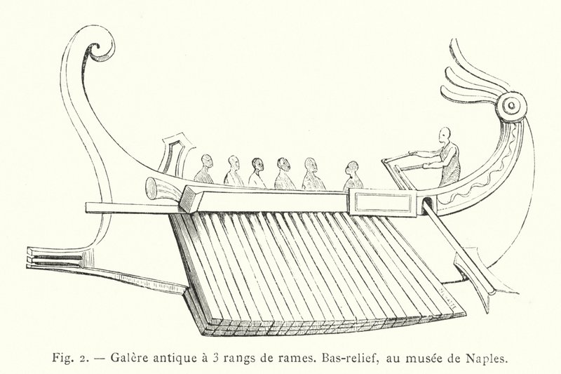 Antike Galeere mit 3 Ruderreihen, Basrelief, im Museum von Neapel von French School