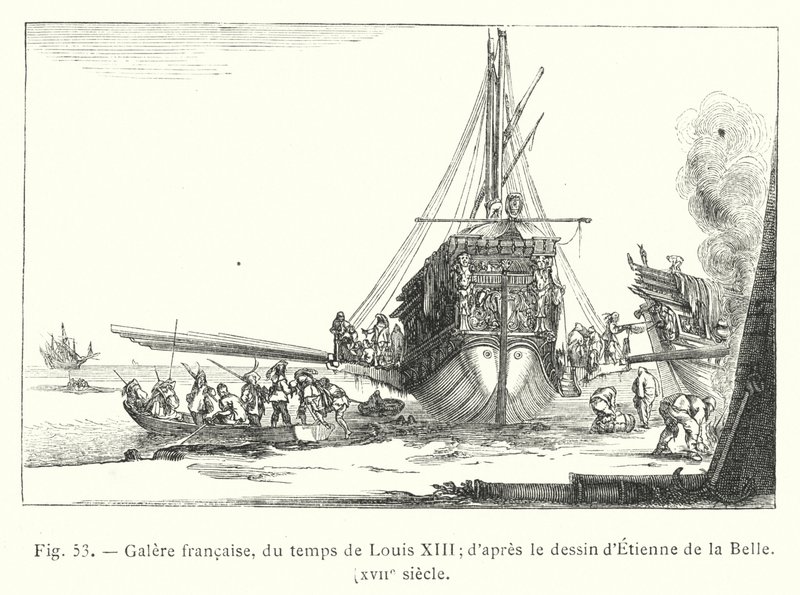 Französische Galeere, zur Zeit von Ludwig XIII.; nach der Zeichnung von Etienne de la Belle, XVII. Jahrhundert (Stich) von French School