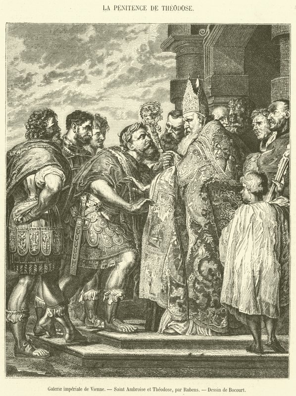 Kaiserliche Galerie von Wien, Sankt Ambrosius und Theodosius (Gravur) von French School