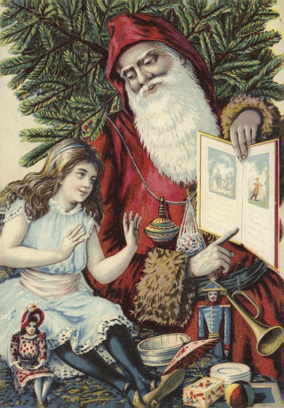 Mädchen wird vom Weihnachtsmann ein illustriertes Buch gezeigt von French School