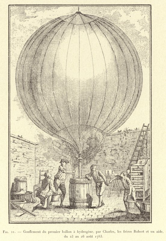 Aufblasen des ersten Wasserstoffballons durch Charles, die Brüder Robert und einen Helfer, vom 23. bis 26. August 1783 (Gravur) von French School