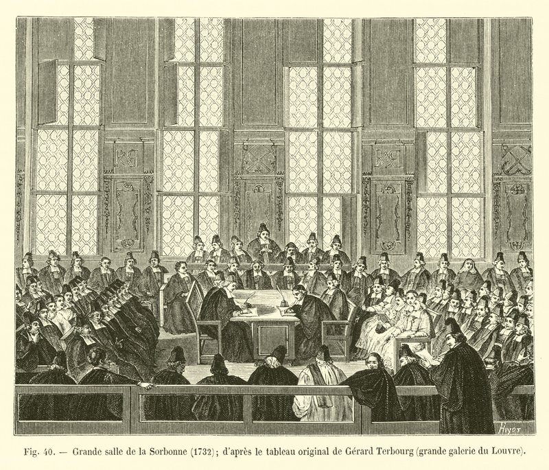 Großer Saal der Sorbonne, 1732, nach dem Originalgemälde von Gerard Terbourg, große Galerie des Louvre von French School