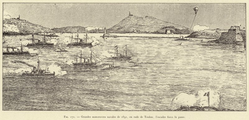Große Marine-Manöver von 1891 in der Reede von Toulon; die Flotte erzwingt die Passage von French School
