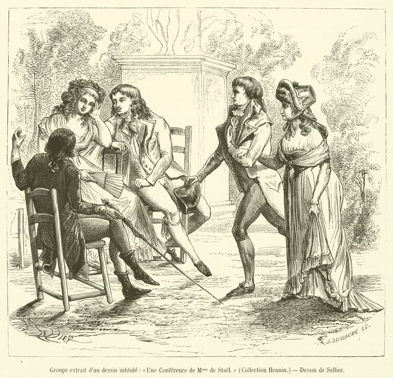 Gruppe aus einer Zeichnung mit dem Titel, Eine Konferenz von Madame de Stael, Sammlung Hennin von French School