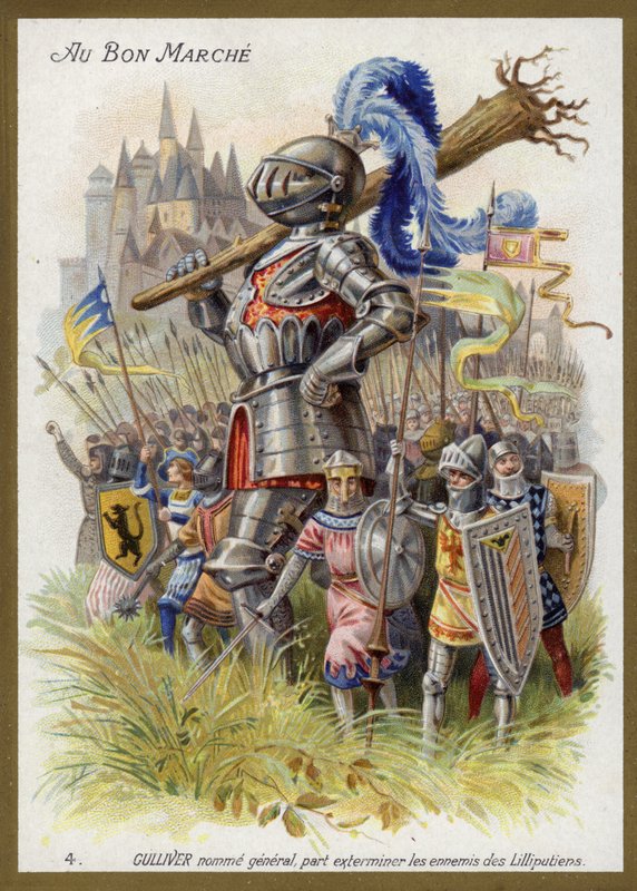 Gulliver, zum General ernannt, zieht aus, um die Feinde der Lilliputaner zu vernichten von French School