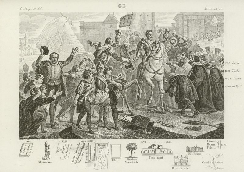 Heinrich IV. von Frankreich zieht in Paris ein, begleitet vom Grafen von Brissac, Gouverneur der Stadt, 22. März 1594 von French School
