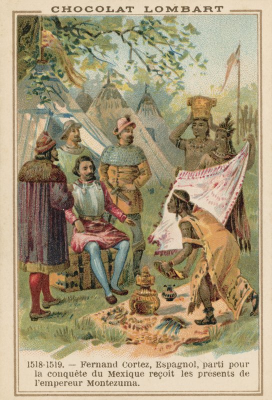 Hernan Cortes, Spanischer Konquistador, erhält Geschenke vom Aztekenkaiser Montezuma, Mexiko, 1518-1519 von French School