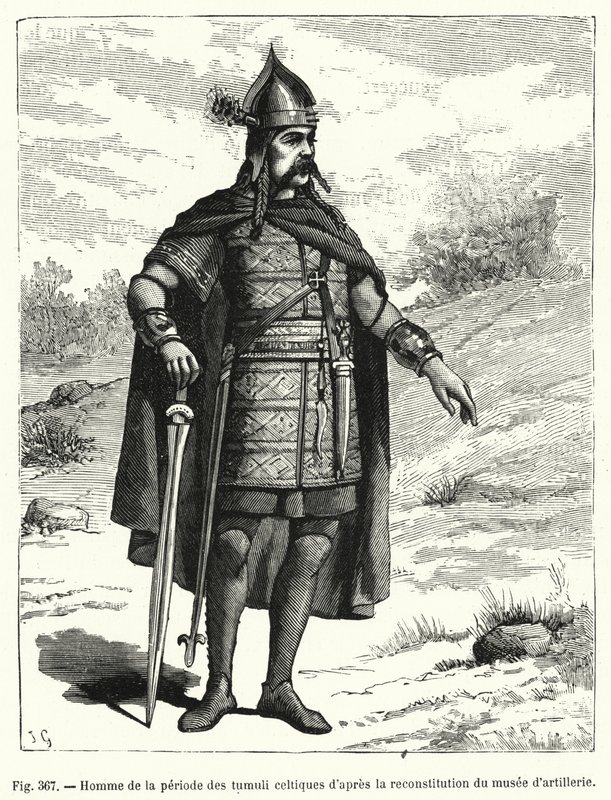 Mann aus der Zeit der keltischen Hügelgräber nach der Rekonstruktion des Artilleriemuseums (Gravur) von French School