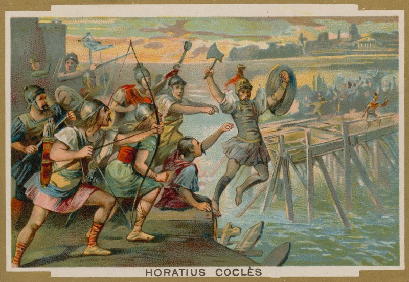 Horatius Cocles, römischer Soldat, verteidigt die Pons Sublicius gegen die einfallende Armee des Königs von Clusium, 6. Jahrhundert v. Chr. von French School