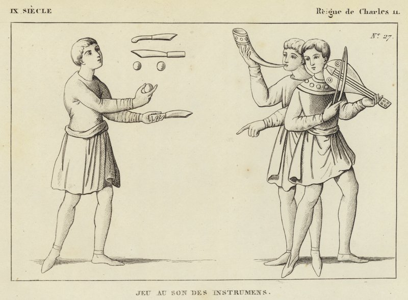 9. Jahrhundert, Herrschaft von Karl II., Spiel zu den Klängen der Instrumente (Gravur) von French School