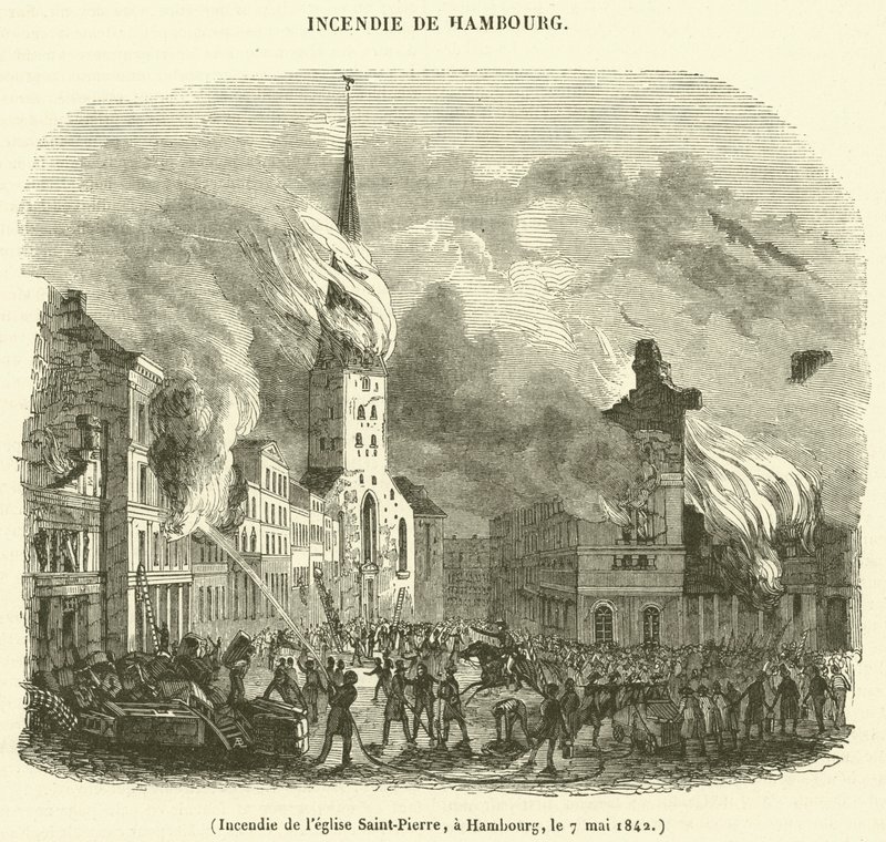 Brand der Kirche Saint-Pierre in Hamburg am 7. Mai 1842 von French School