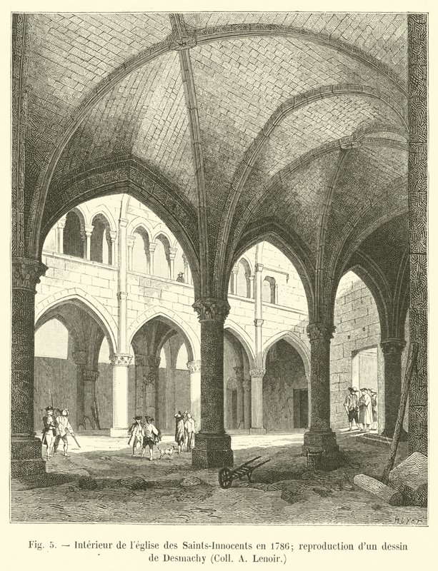 Innenraum der Kirche der Saints-Innocents im Jahr 1786; Reproduktion einer Zeichnung von Desmachy, Sammlung A. Lenoir von French School