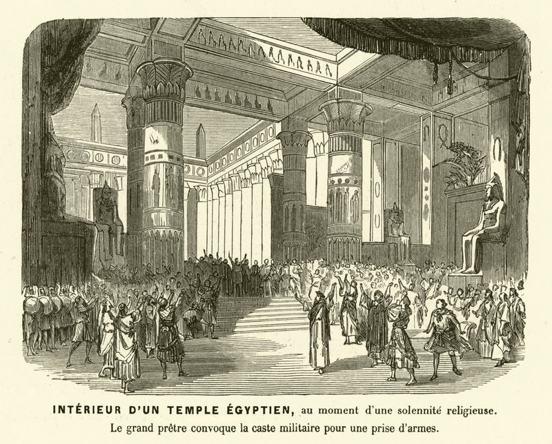 Innenraum eines altägyptischen Tempels während eines Gottesdienstes (Gravur) von French School