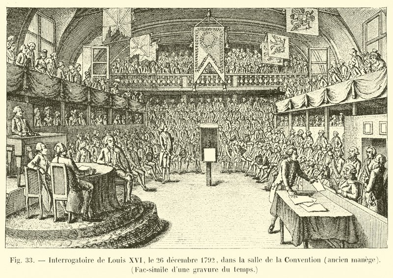 Verhör von Ludwig XVI. am 26. Dezember 1792 im Sitzungssaal der Konvention, ehemaliger Reitstall, Faksimile einer zeitgenössischen Gravur von French School