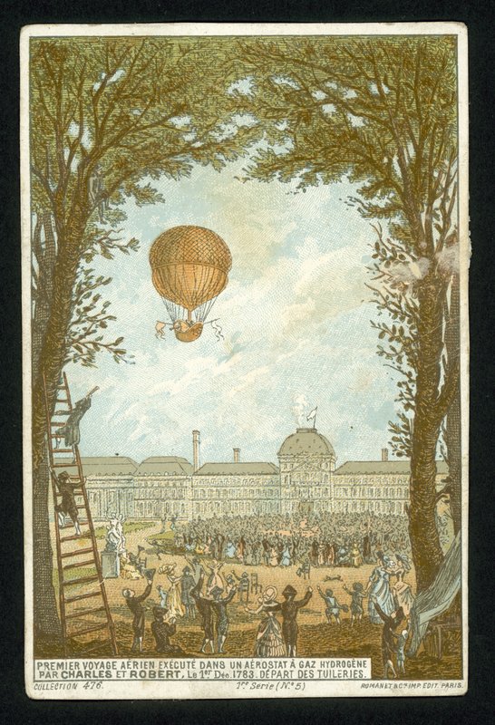 Jacques Charles und Marie-Noel Robert bei der ersten Fahrt in einem Wasserstoffballon, Paris, 1. Dezember 1783 von French School