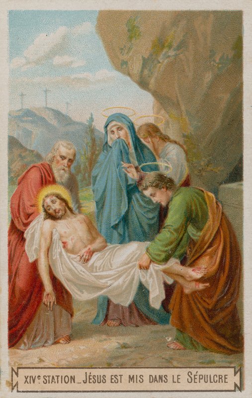 Jesus wird ins Grab gelegt. Die vierzehnte Station des Kreuzwegs von French School