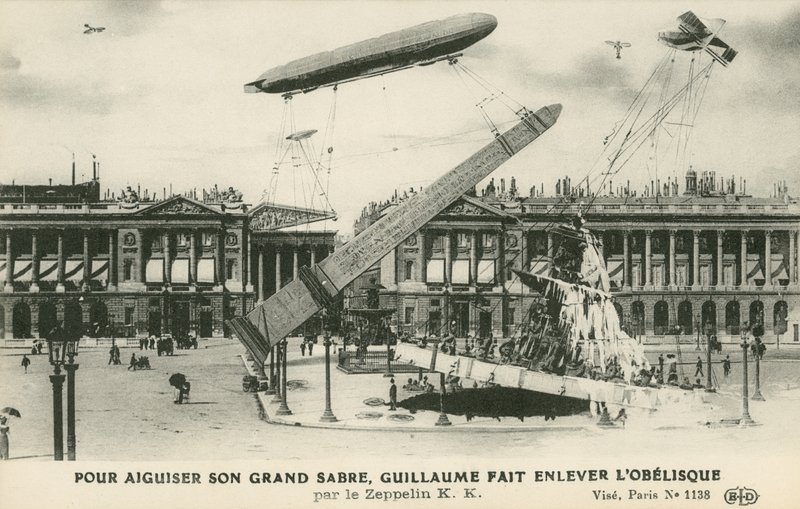 Kaiser Wilhelm II. stellt sich vor, den Obelisken von Paris mit einem Zeppelin zu entfernen von French School