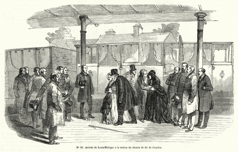 König Louis-Philippe von Frankreich kommt am Bahnhof Croydon an, nachdem er ins Exil gezwungen wurde, Februar 1848 (Stich) von French School