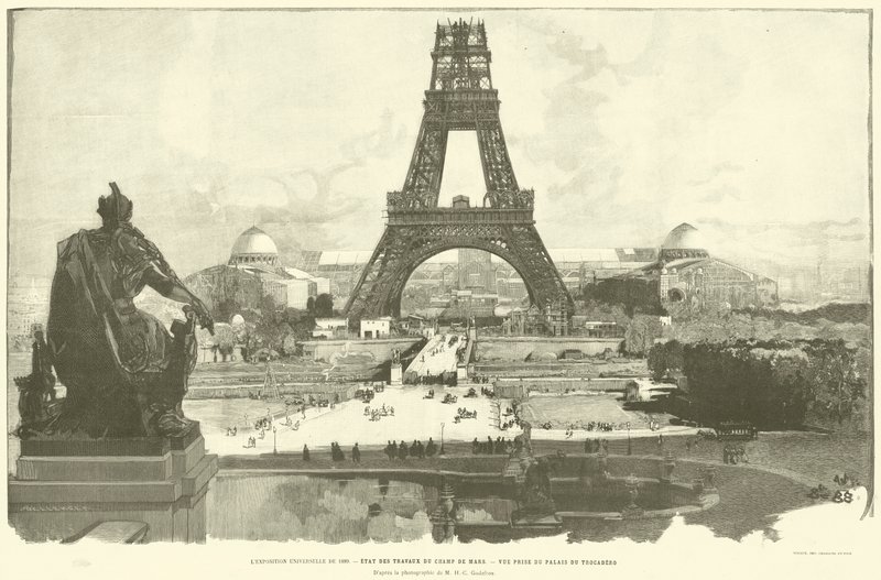 Die Weltausstellung von 1889, Stand der Arbeiten am Champ de Mars, Blick vom Palais du Trocadéro, nach einem Foto von M. H.-C. Godefroy von French School