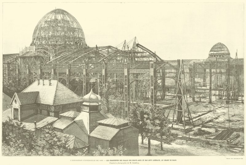 Die Weltausstellung von 1889, Die Rahmen der Paläste der Schönen Künste und der Freien Künste, auf dem Marsfeld, nach dem Foto von M. Godefroy von French School