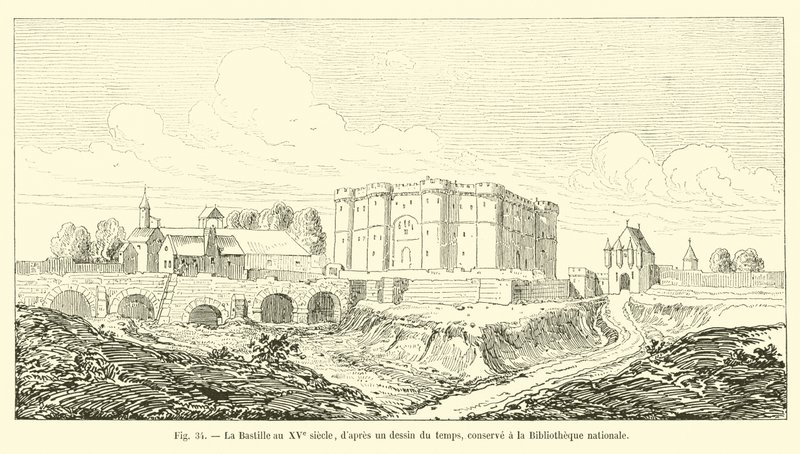 Die Bastille im 15. Jahrhundert, nach einer zeitgenössischen Zeichnung, aufbewahrt in der Nationalbibliothek von French School