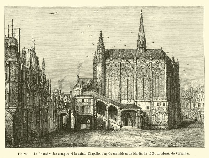 Die Kammer der Rechnungen und die Sainte-Chapelle, nach einem Gemälde von Martin von 1705, aus dem Museum von Versailles von French School