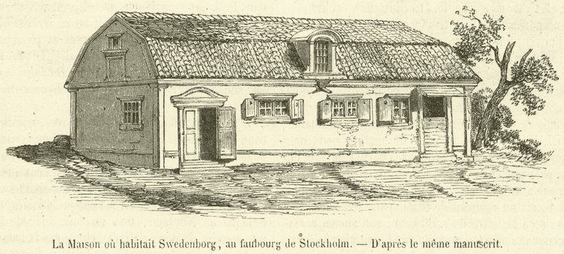 Das Haus, in dem Swedenborg wohnte, im Vorort von Stockholm (Gravur) von French School