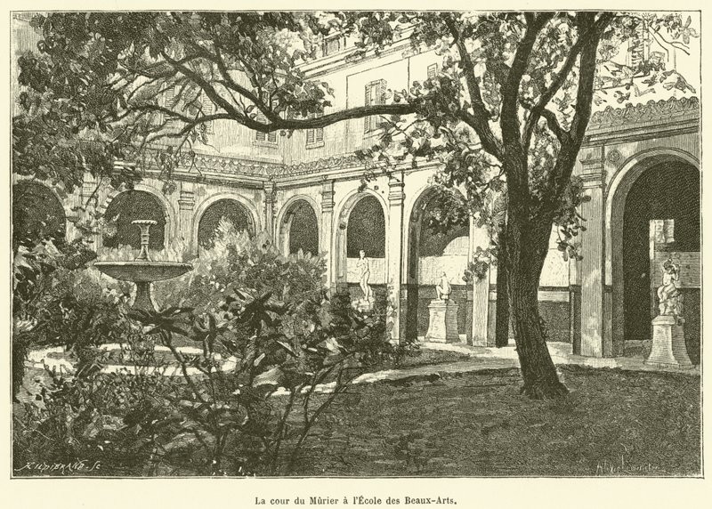 Der Hof des Maulbeerbaums an der École des Beaux-Arts (Gravur) von French School