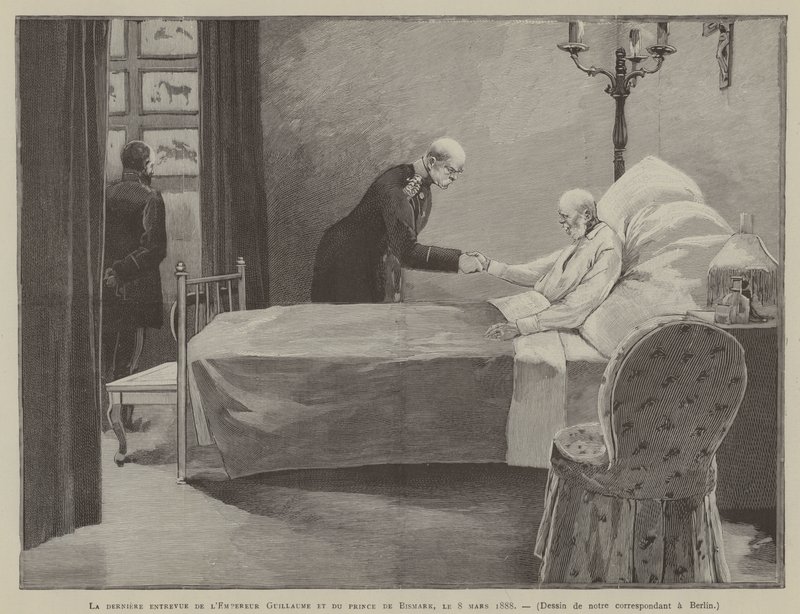 Das letzte Treffen von Kaiser Wilhelm und Prinz Bismarck, am 8. März 1888 (Gravur) von French School
