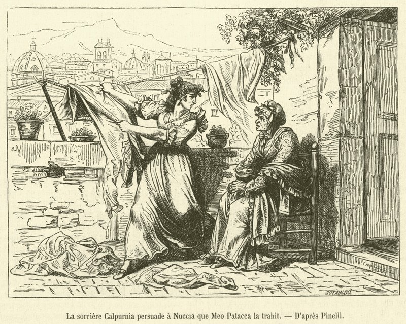 Die Hexe Calpurnia überzeugt Nuccia, dass Meo Patacca sie verrät (Gravur) von French School