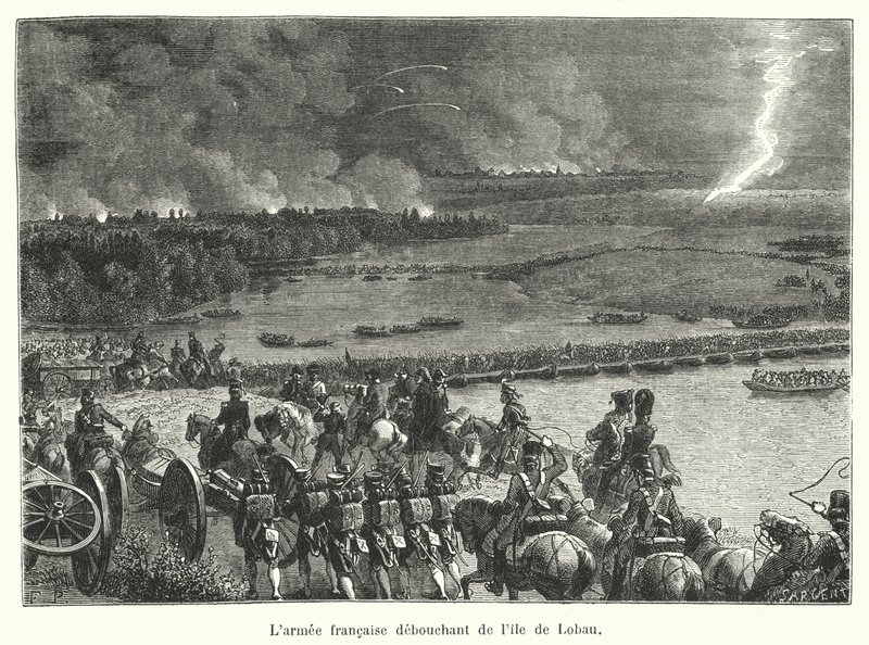 Die französische Armee, die von der Insel Lobau ausrückt von French School