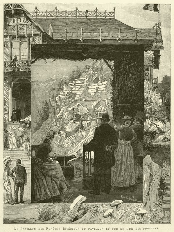 Der Pavillon des Waldes, Innenansicht des Pavillons und Blick auf eines der Dioramen von French School