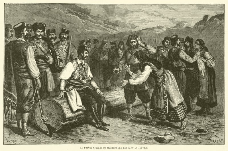 Prinz Nikolaus von Montenegro spricht Recht (Gravur) von French School