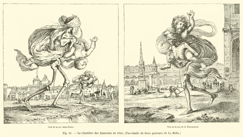 Der Friedhof der Unschuldigen im Jahr 1640, Faksimile von zwei Stichen von La Bella von French School