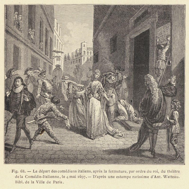 Abreise der italienischen Komödianten nach der Schließung des Theaters der Comédie-Italienne auf Befehl des Königs am 4. Mai 1697 (Stich) von French School