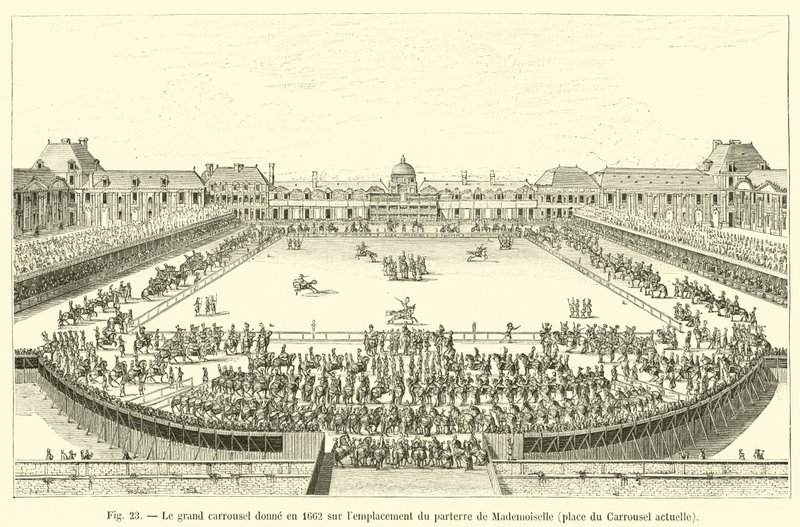 Das große Karussell im Jahr 1662 auf dem Gelände des Parterres von Mademoiselle, heutiger Place du Carrousel von French School