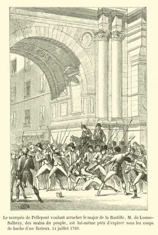 Der Marquis de Pellepont versucht, den Major der Bastille, M. de Losme-Salbray, aus den Händen des Volkes zu retten, wird aber selbst am 14. Juli 1789 von einem wütenden Mann mit einer Axt schwer verletzt von French School