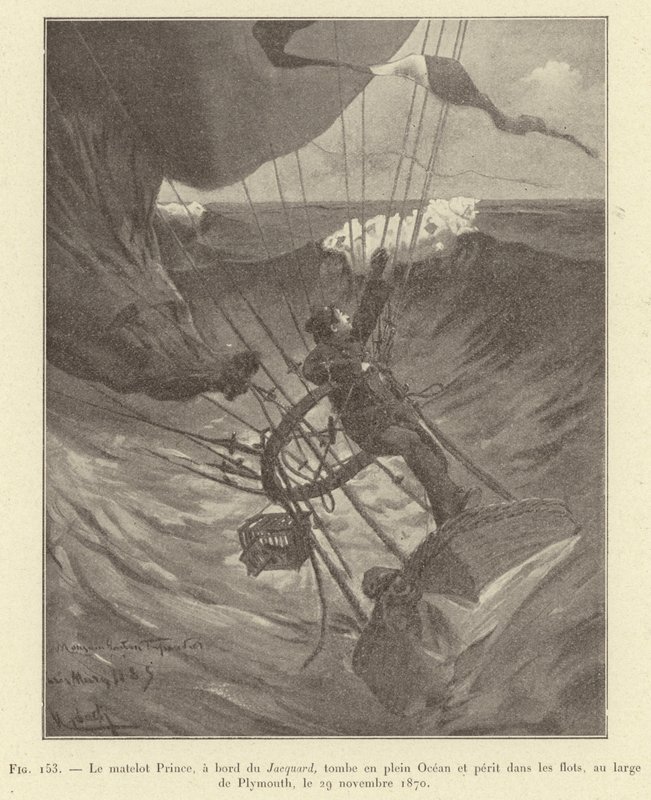 Matrose Prince, an Bord der Jacquard, fällt in den Ozean und ertrinkt, vor Plymouth, 29. November 1870 (Gravur) von French School