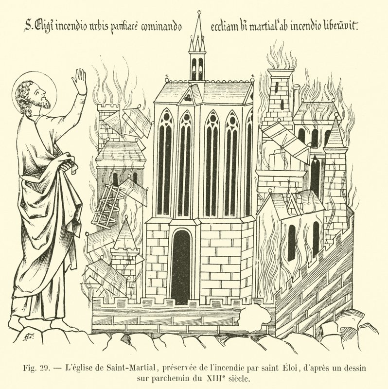 Die Kirche Saint-Martial, vom Brand verschont durch Saint Eloi, nach einer Zeichnung auf Pergament aus dem 13. Jahrhundert von French School