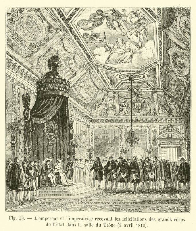 Der Kaiser und die Kaiserin empfangen die Glückwünsche der großen Staatsorgane im Thronsaal, 3. April 1810 von French School